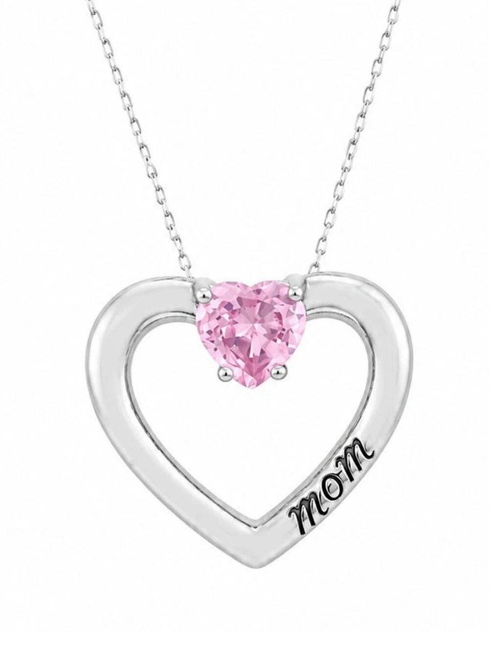 Created Pink Sapphire Heart Mom Pendant Necklace Solid .925 Sterling Silver